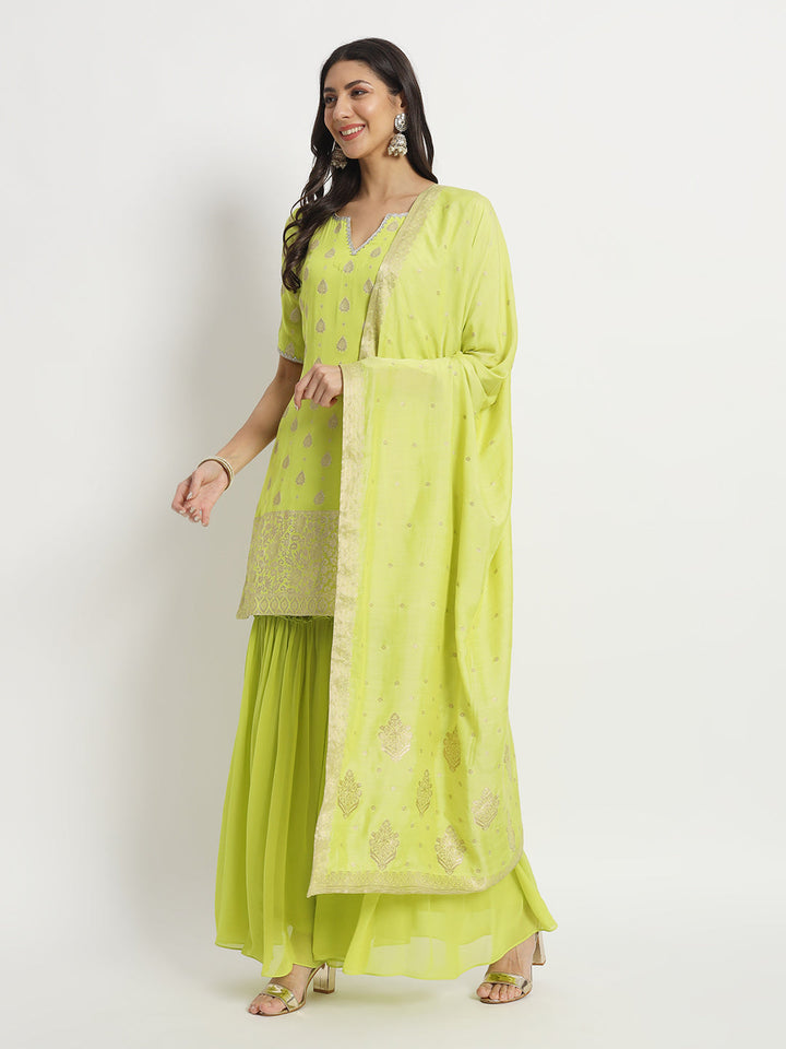 anokherang Combos Spring Bud Green Short Kurti with Sharara and Silk Bararsi Dupatta