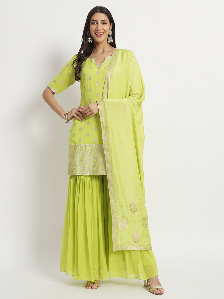 anokherang Combos Spring Bud Green Short Kurti with Sharara and Silk Bararsi Dupatta