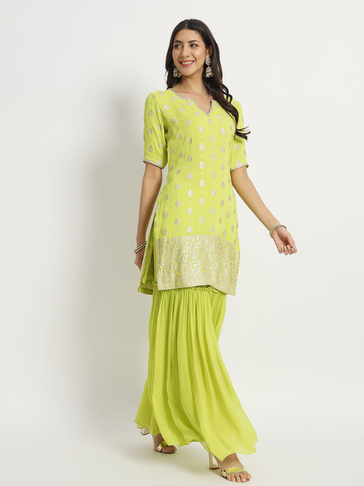 anokherang Combos Spring Bud Green Short Kurti with Sharara and Silk Bararsi Dupatta