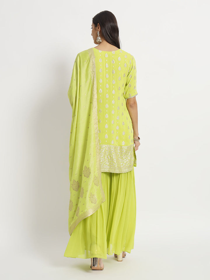 anokherang Combos Spring Bud Green Short Kurti with Sharara and Silk Bararsi Dupatta