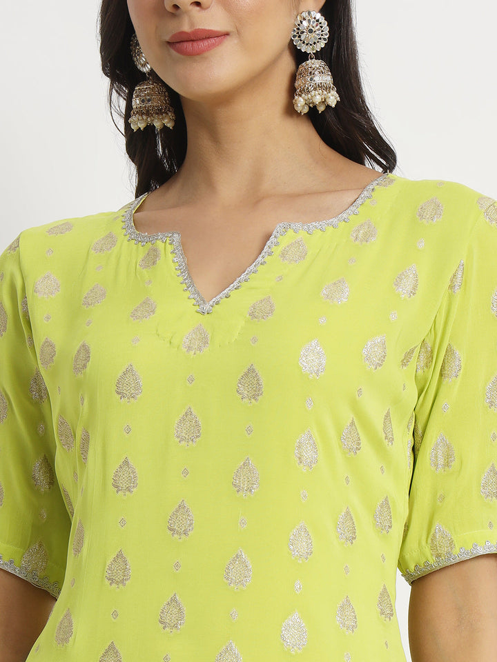 anokherang Combos Spring Bud Green Short Kurti with Sharara and Silk Bararsi Dupatta