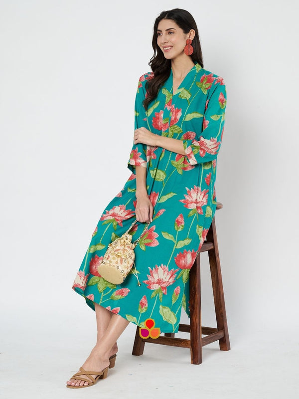 anokherang Combos Teal Green Lotus Printed A-Line Dress