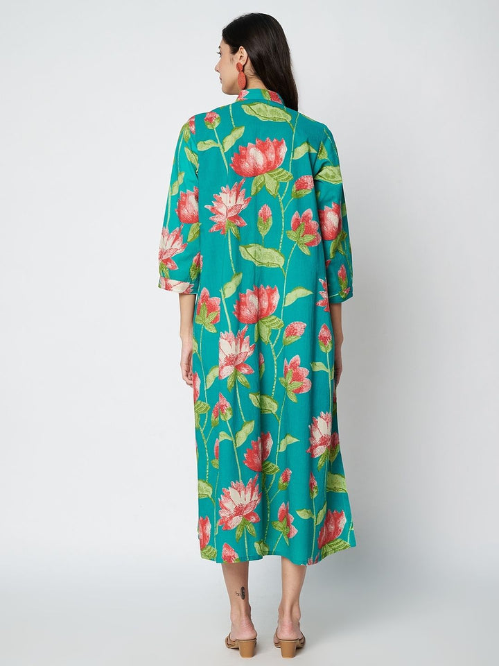 anokherang Combos Teal Green Lotus Printed A-Line Dress