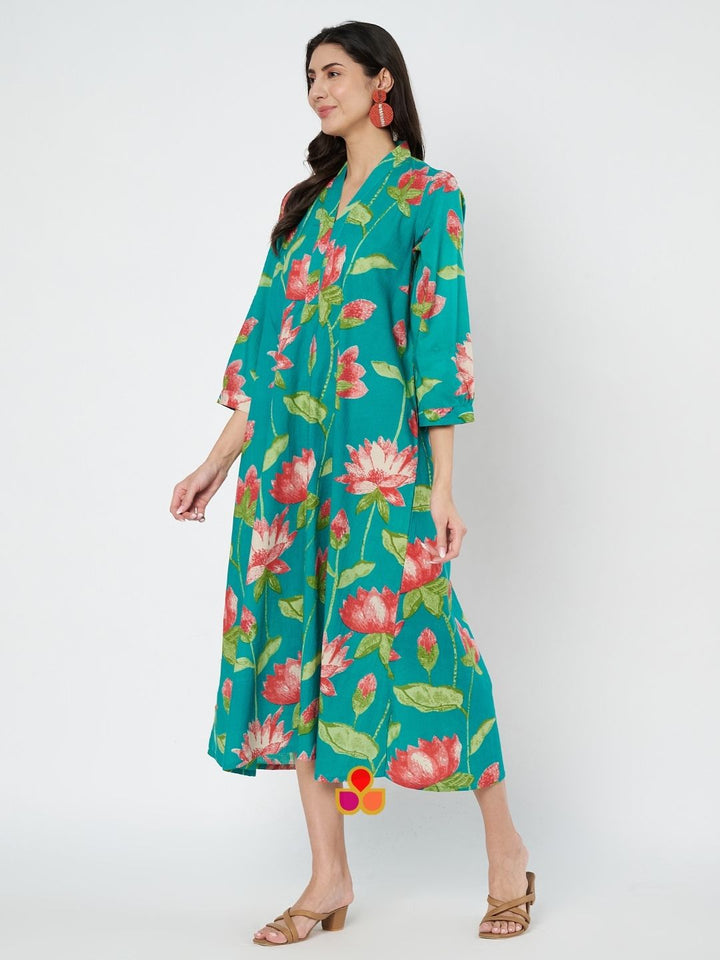 anokherang Combos Teal Green Lotus Printed A-Line Dress