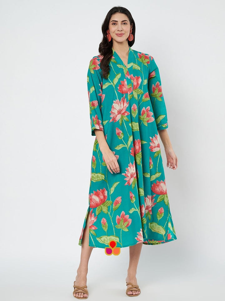 anokherang Combos Teal Green Lotus Printed A-Line Dress