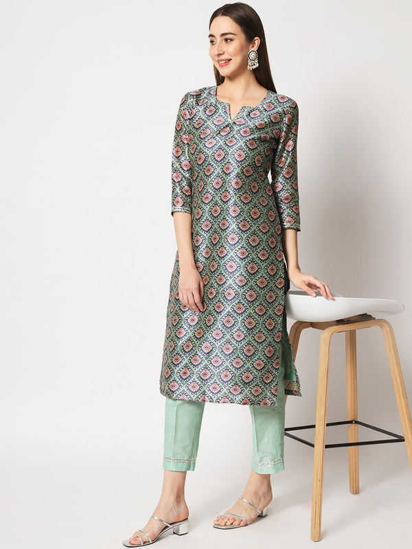 anokherang Combos Turquoise Printed Silk Kurti with Straight Pants