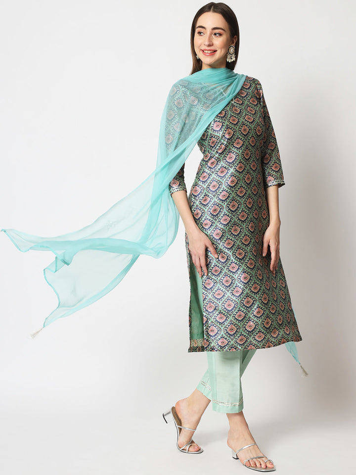 anokherang Combos Turquoise Printed Silk Kurti with Straight Pants and Dupatta