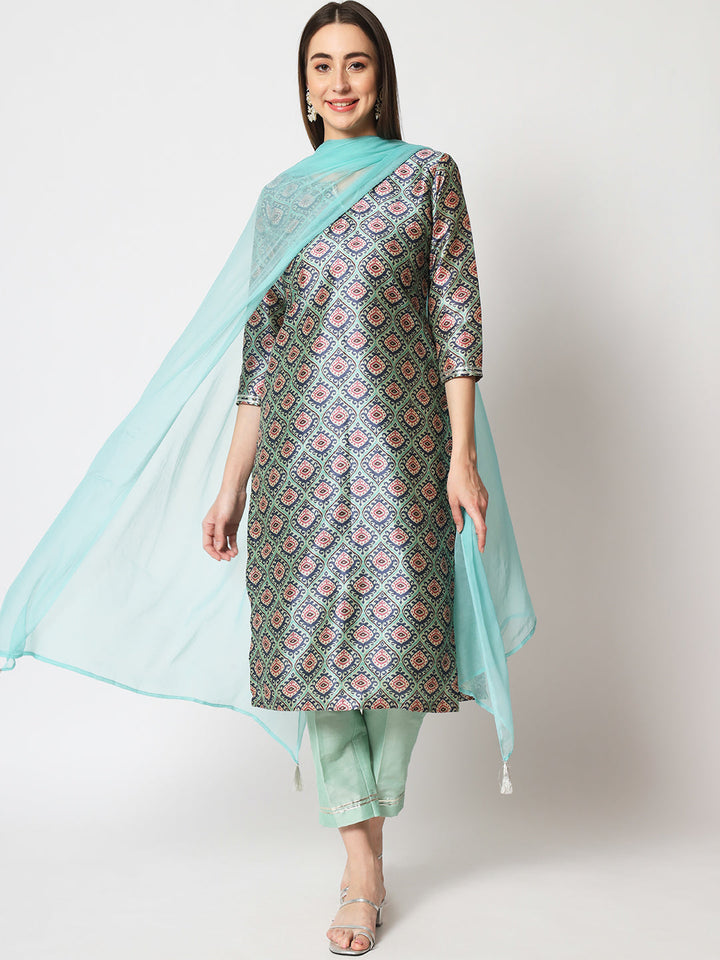 anokherang Combos Turquoise Printed Silk Kurti with Straight Pants and Dupatta