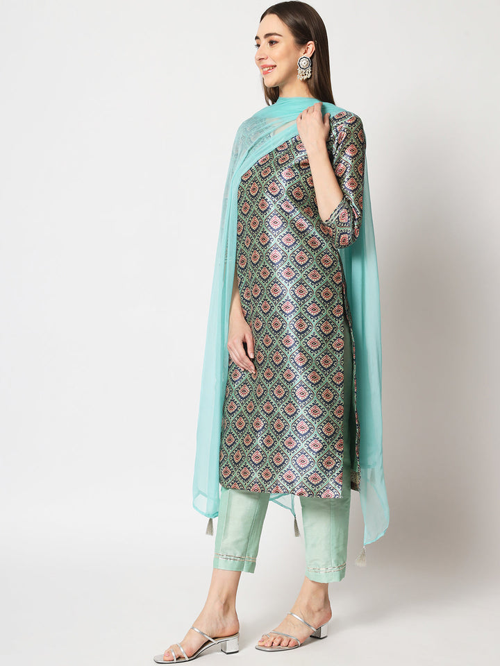 anokherang Combos Turquoise Printed Silk Kurti with Straight Pants and Dupatta