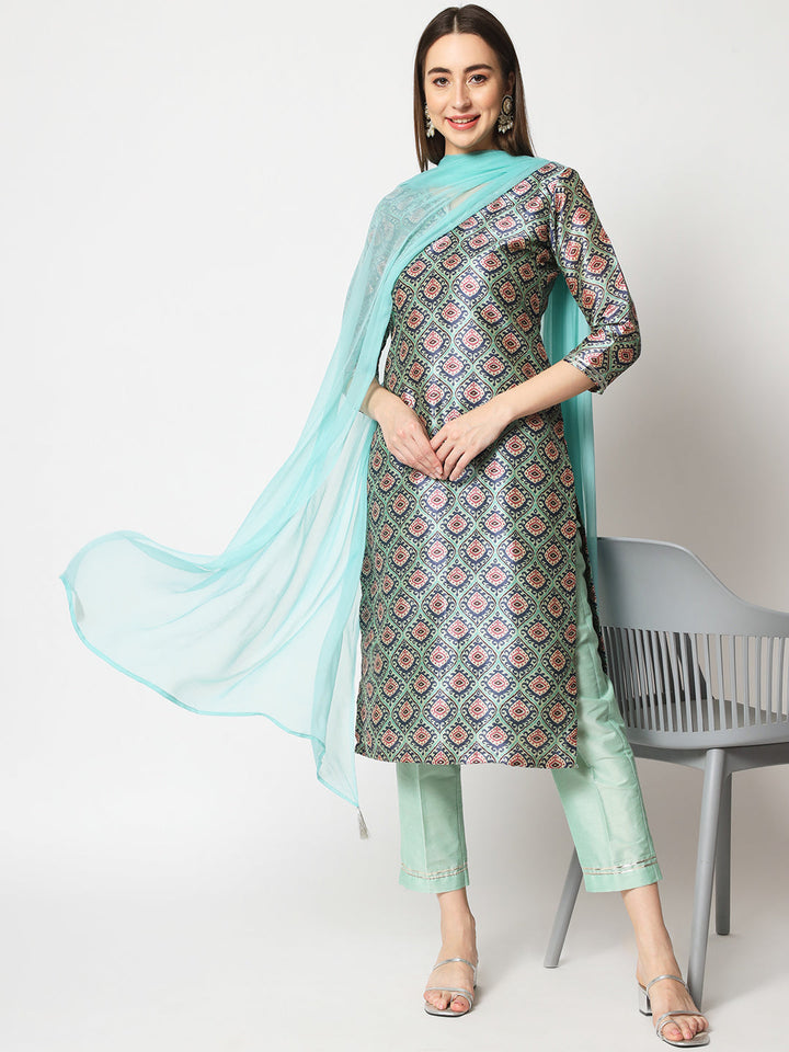 anokherang Combos Turquoise Printed Silk Kurti with Straight Pants and Dupatta