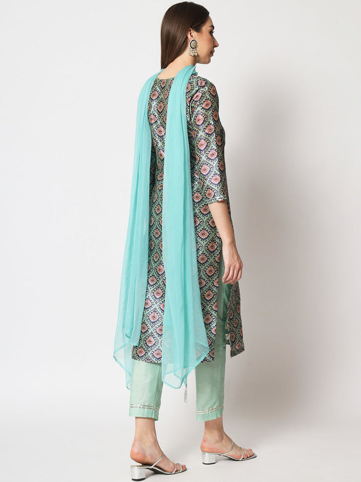 anokherang Combos Turquoise Printed Silk Kurti with Straight Pants and Dupatta