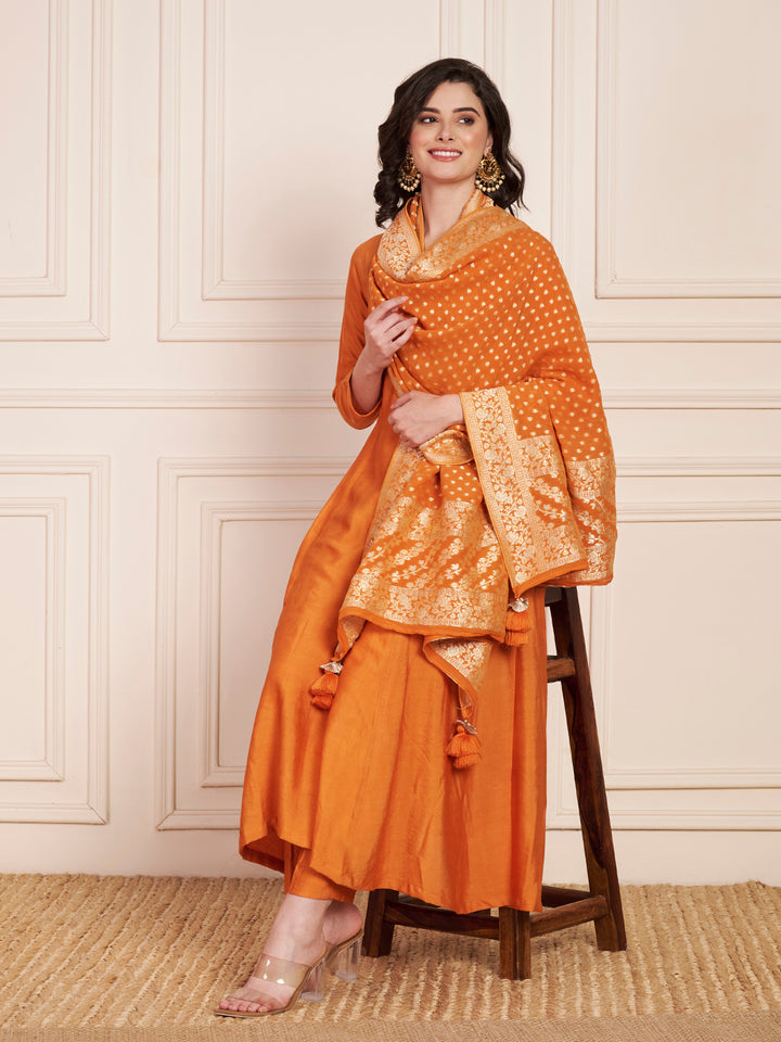 anokherang Combos Unique Orange Anarkali Kurti with Pants and Weaved Georgette Dupatta