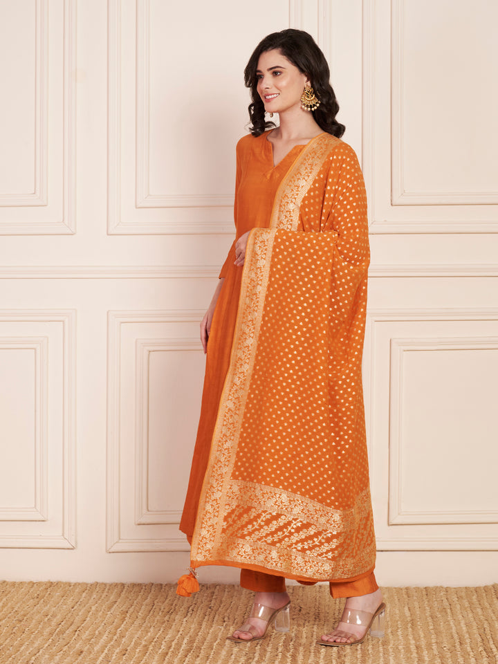 anokherang Combos Unique Orange Anarkali Kurti with Pants and Weaved Georgette Dupatta