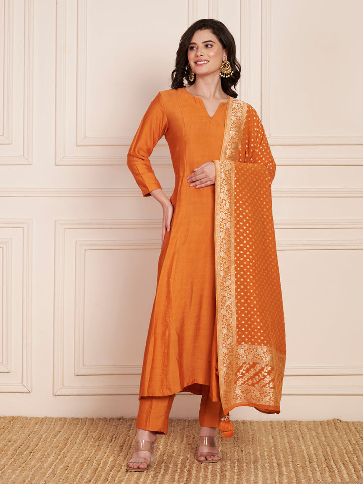 anokherang Combos Unique Orange Anarkali Kurti with Pants and Weaved Georgette Dupatta
