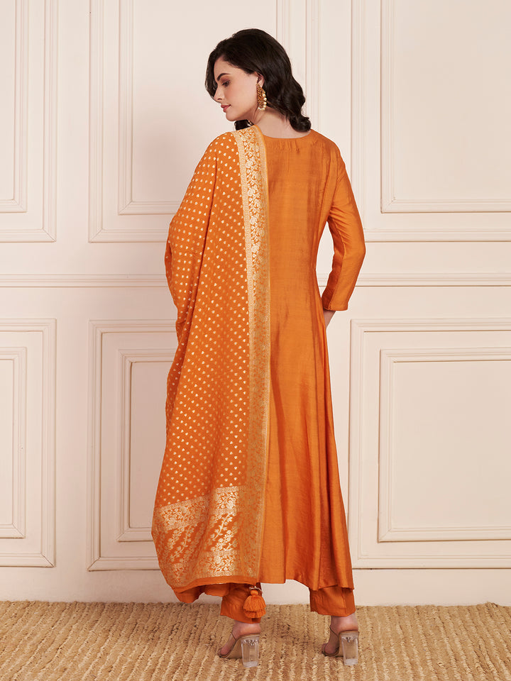 anokherang Combos Unique Orange Anarkali Kurti with Pants and Weaved Georgette Dupatta