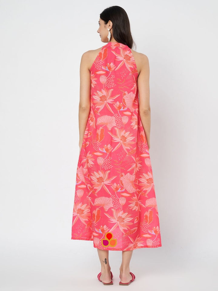 anokherang Combos Vibrant Coral Pink Floral Haulter Neck A-Line Dress