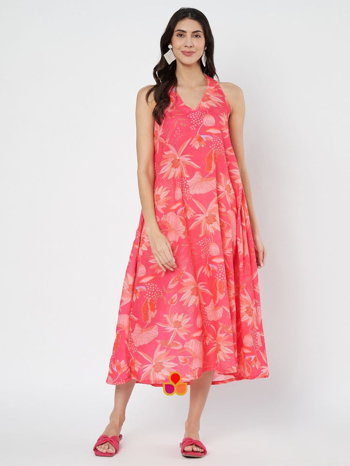 anokherang Combos Vibrant Coral Pink Floral Haulter Neck A-Line Dress