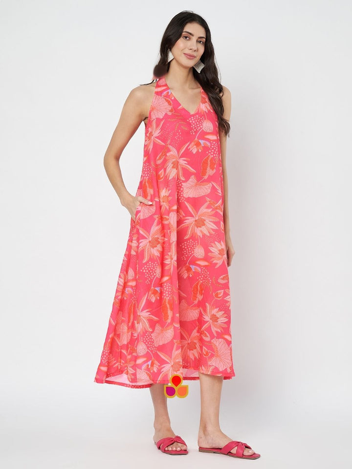 anokherang Combos Vibrant Coral Pink Floral Haulter Neck A-Line Dress