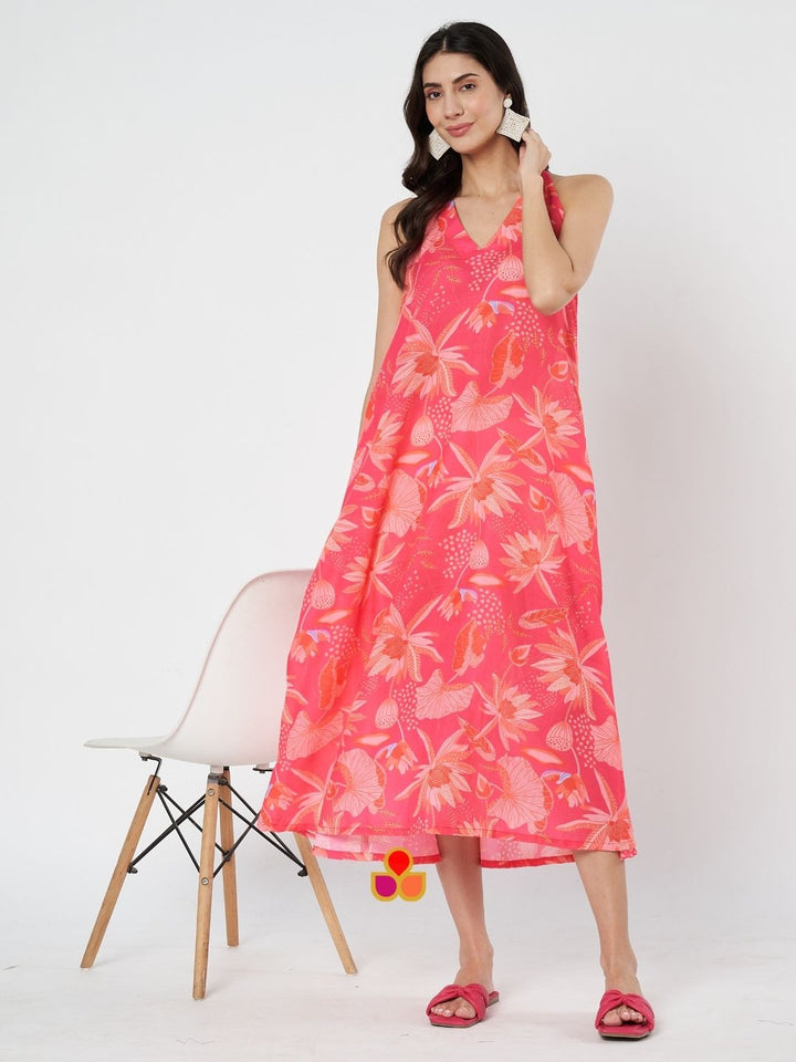 anokherang Combos Vibrant Coral Pink Floral Haulter Neck A-Line Dress
