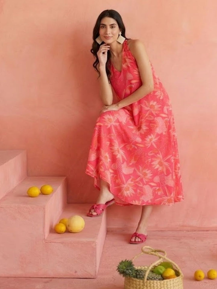 Vibrant Coral Pink Floral Haulter Neck A-Line Dress – anokherang