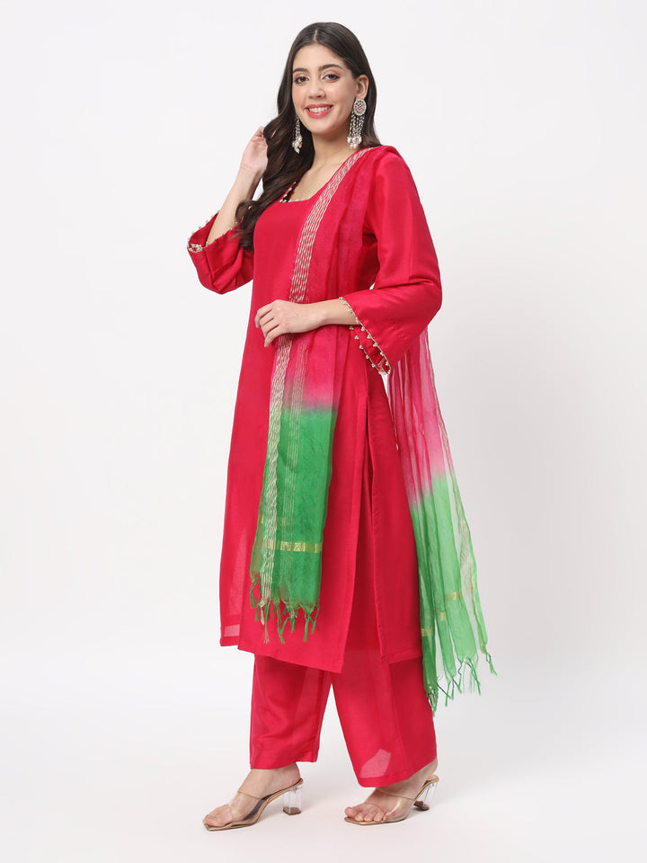 anokherang Combos Vibrant Magenta Straight Kurti with Straight Palazzo and Shaded Dupatta