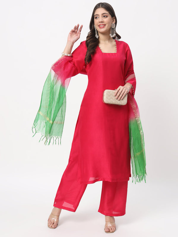 anokherang Combos Vibrant Magenta Straight Kurti with Straight Palazzo and Shaded Dupatta