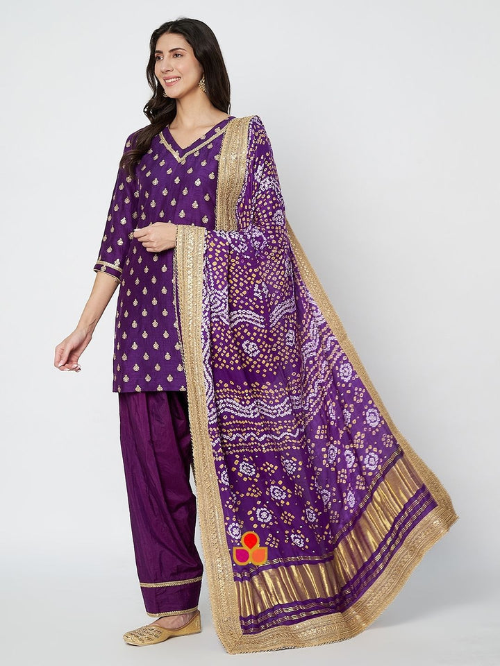 anokherang Combos Violet Regal Embroidered Straight Kurti with Silk Salwar and Bandhani Silk Mukaish Dupatta