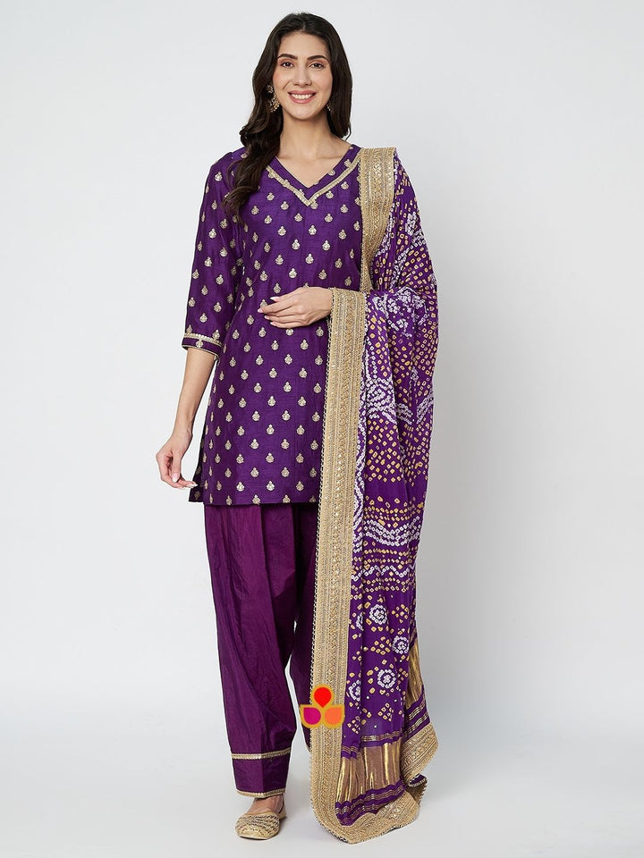 anokherang Combos Violet Regal Embroidered Straight Kurti with Silk Salwar and Bandhani Silk Mukaish Dupatta