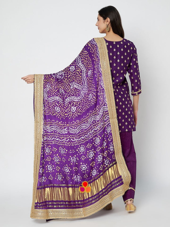 anokherang Combos Violet Regal Embroidered Straight Kurti with Silk Salwar and Bandhani Silk Mukaish Dupatta