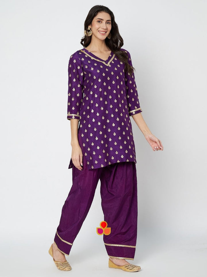 anokherang Combos Violet Regal Embroidered Straight Kurti with Silk Salwar and Bandhani Silk Mukaish Dupatta