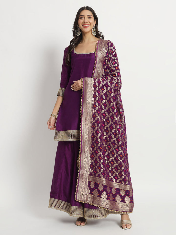 anokherang Combos Violet Twilight Silk Kurti with Kalidar Palazzo and Georgette Banarasi Dupatta