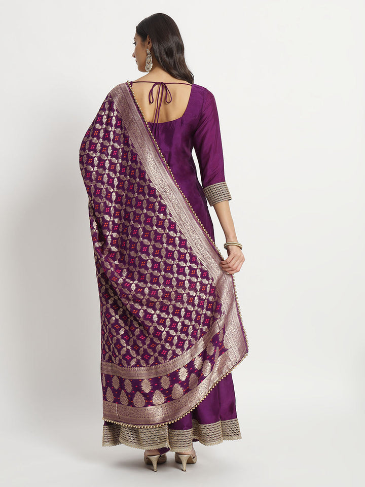 anokherang Combos Violet Twilight Silk Kurti with Kalidar Palazzo and Georgette Banarasi Dupatta