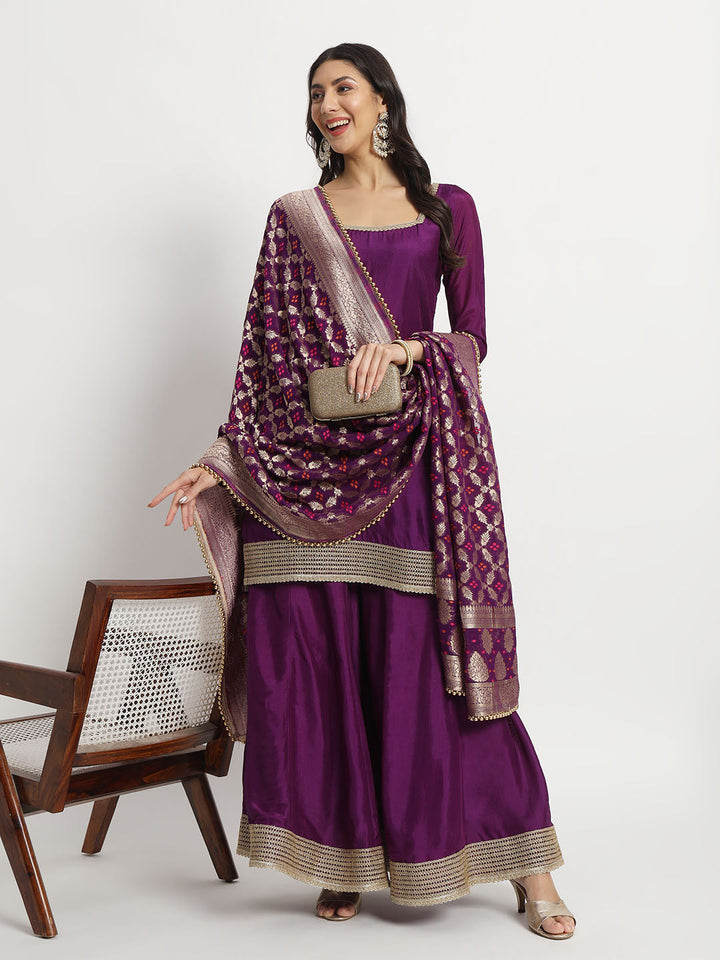 Violet Twilight Silk Kurti with Kalidar Palazzo and Georgette