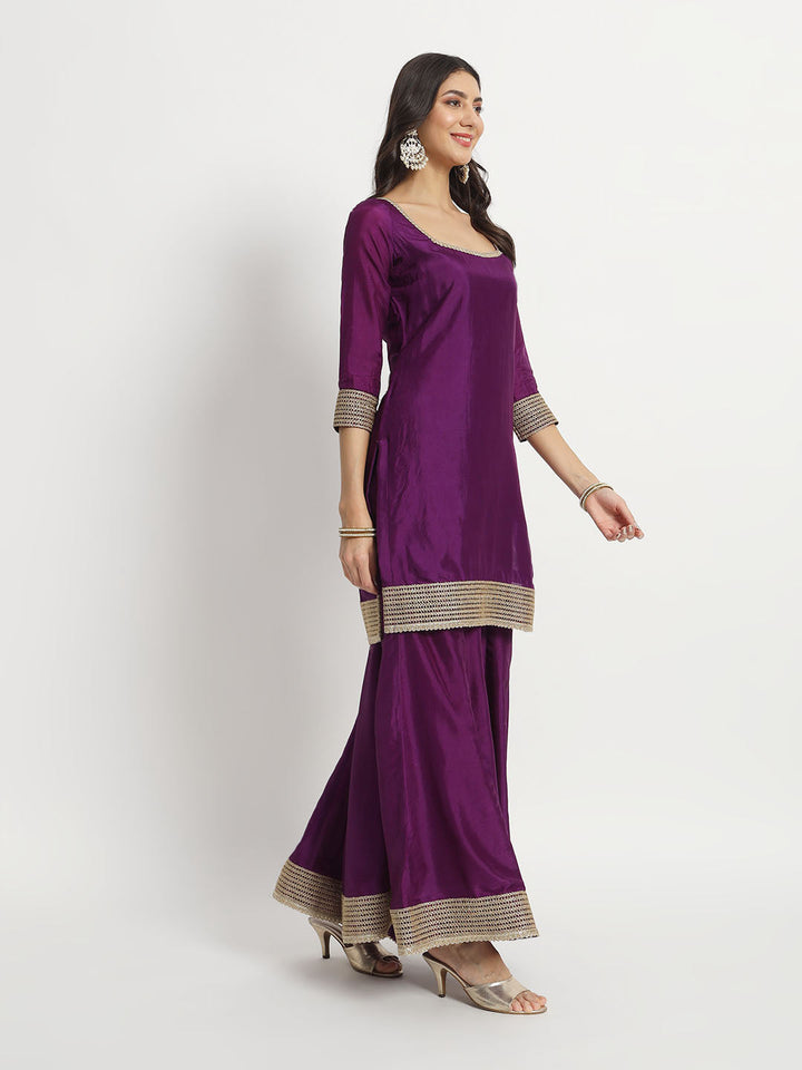 anokherang Combos Violet Twilight Silk Kurti with Kalidar Palazzo and Georgette Banarasi Dupatta