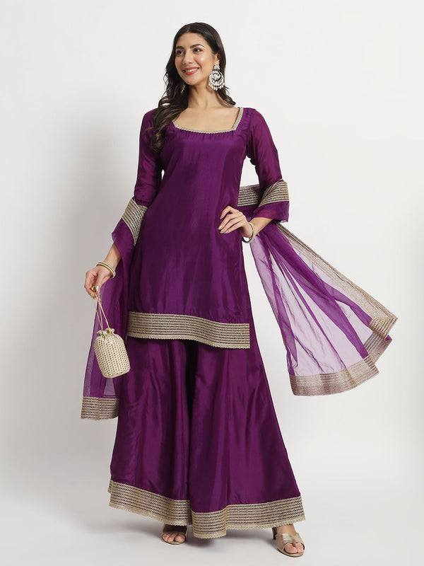 anokherang Combos Violet Twilight Silk Kurti with Kalidar Palazzo and Organza Dupatta