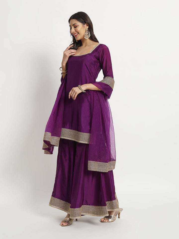 anokherang Combos Violet Twilight Silk Kurti with Kalidar Palazzo and Organza Dupatta