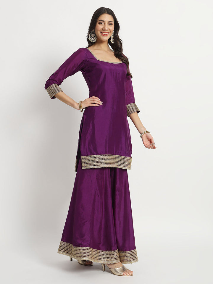 anokherang Combos Violet Twilight Silk Kurti with Kalidar Palazzo and Organza Dupatta