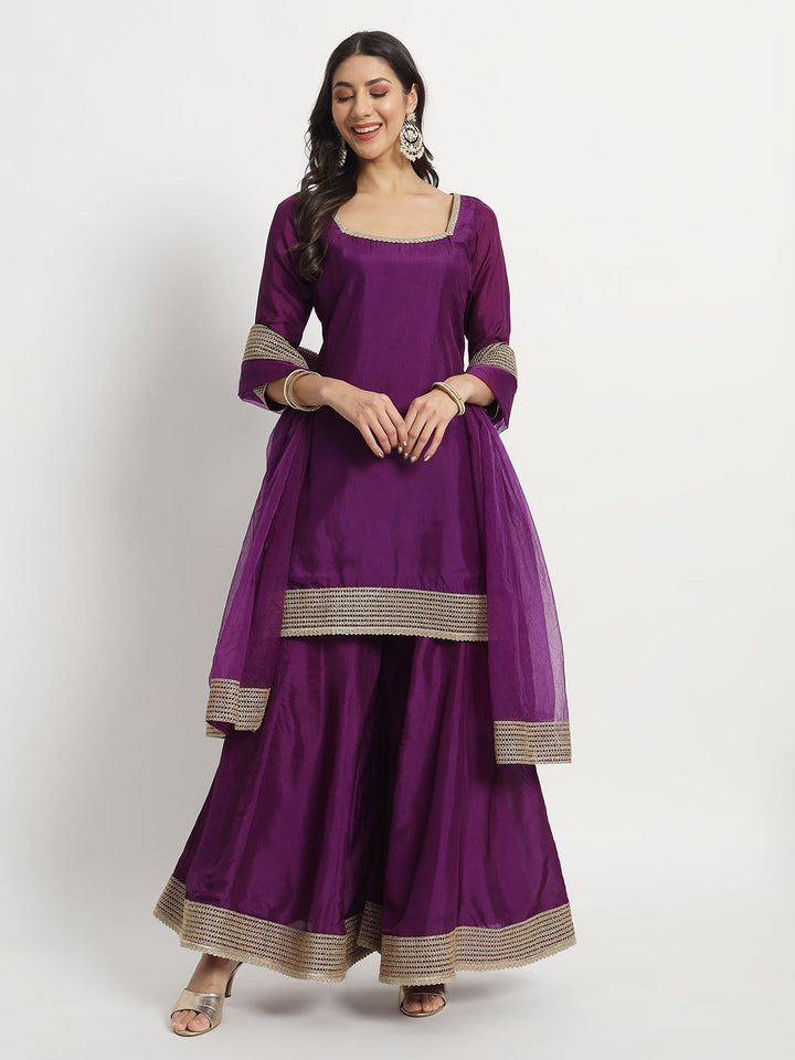 anokherang Combos Violet Twilight Silk Kurti with Kalidar Palazzo and Organza Dupatta