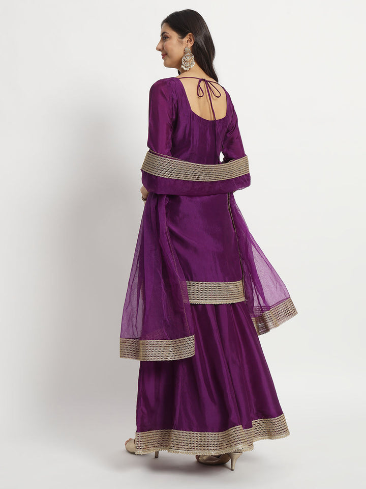 anokherang Combos Violet Twilight Silk Kurti with Kalidar Palazzo and Organza Dupatta