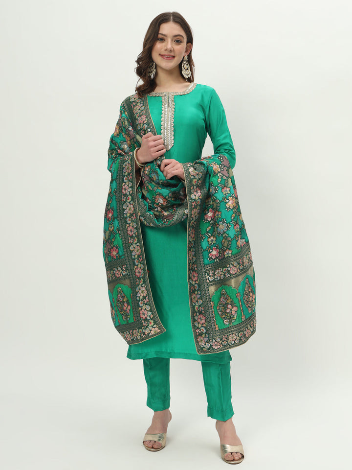 anokherang Combos Vivacious Green Silk Kurti with Pants and Floral Zari Silk Dupatta