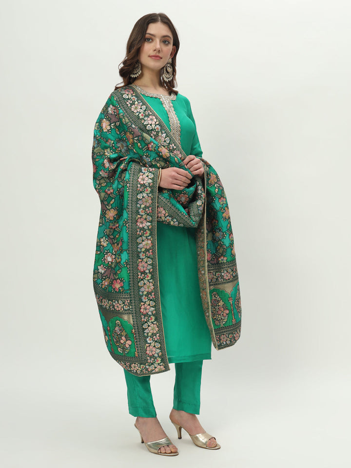 anokherang Combos Vivacious Green Silk Kurti with Pants and Floral Zari Silk Dupatta