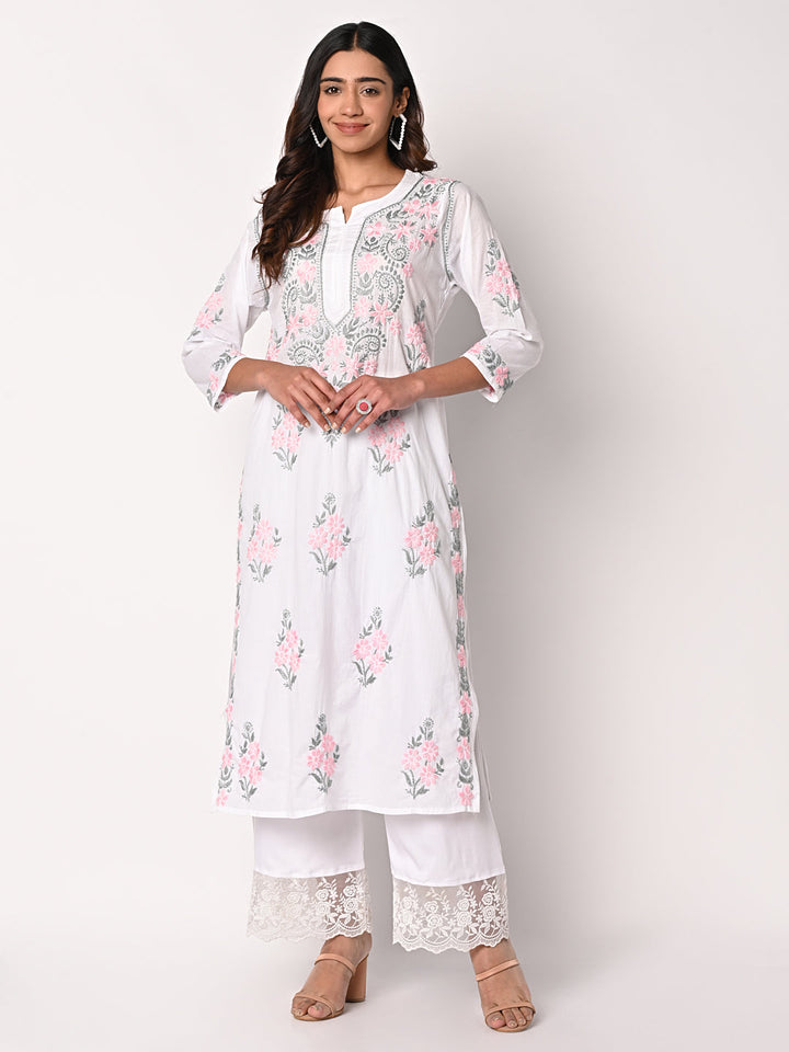 anokherang Combos White Chikankari Kurti with Palazzo