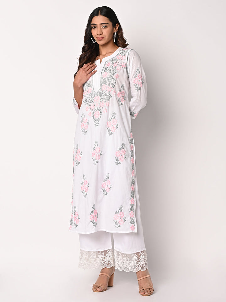 anokherang Combos White Chikankari Kurti with Palazzo