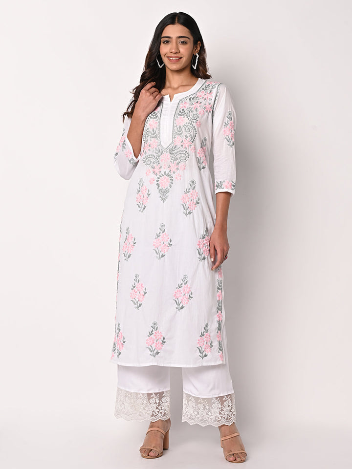 anokherang Combos White Chikankari Kurti with Palazzo