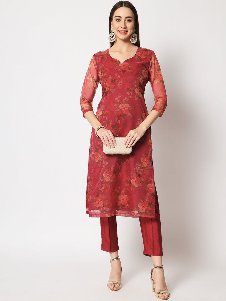 anokherang Combos Wine Floral Organza Kurti