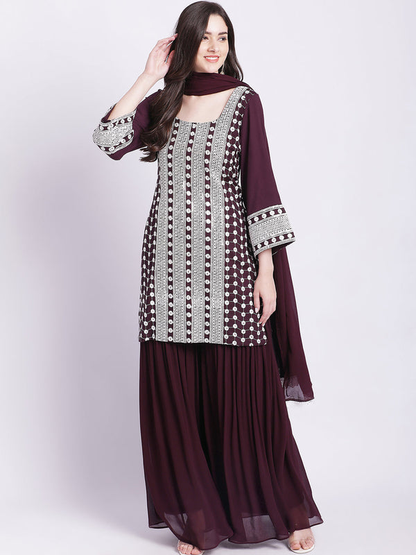 anokherang Combos Wine Short Kurti with Sharara