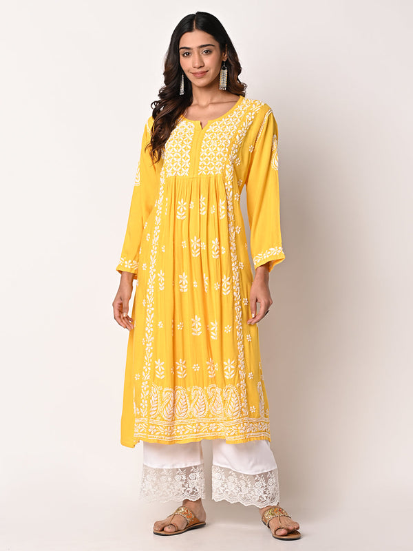 anokherang Combos Yellow Anarkali Chikankari Kurti with Palazzo