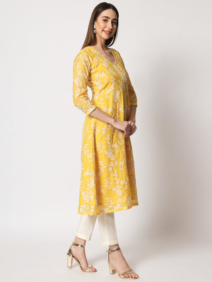 anokherang Combos Yellow Kota Embroidered A-Line Kurti
