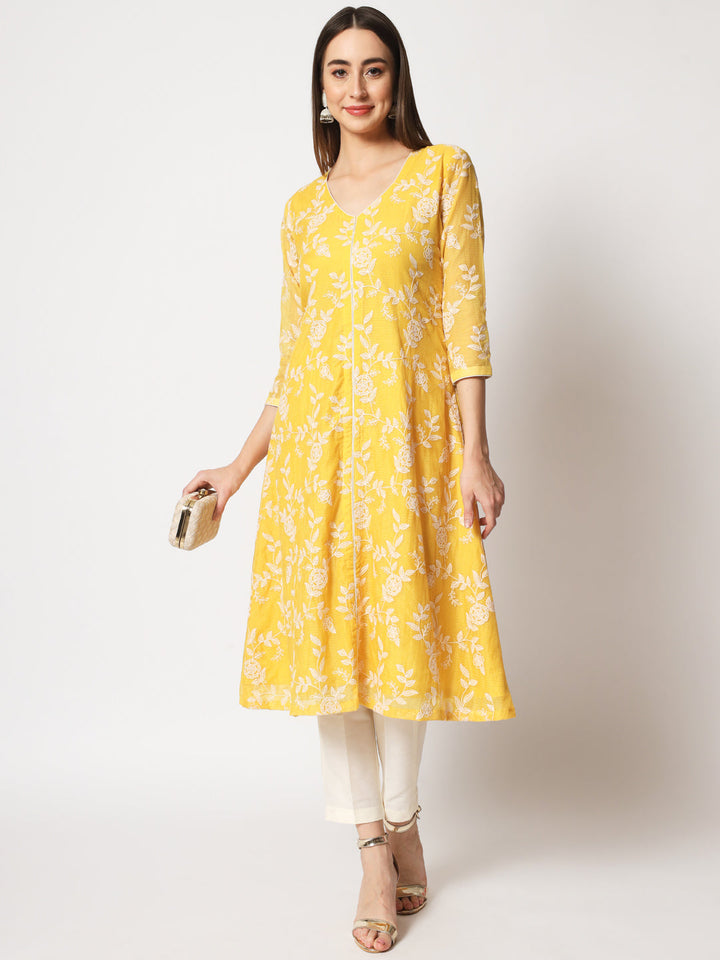 anokherang Combos Yellow Kota Embroidered A-Line Kurti with Straight Pants