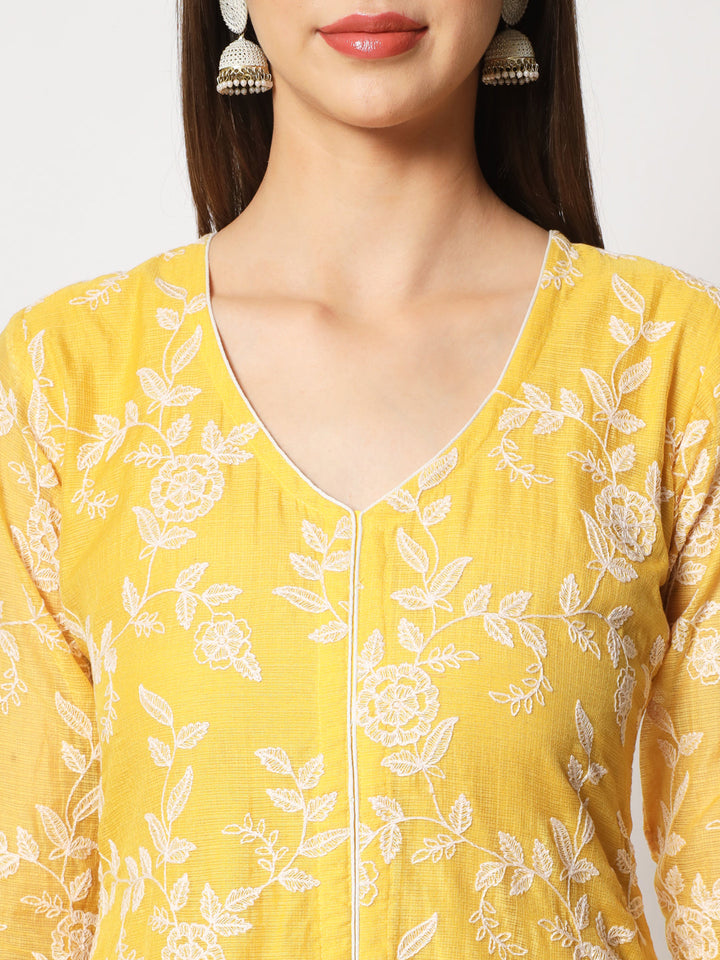 anokherang Combos Yellow Kota Embroidered A-Line Kurti with Straight Pants